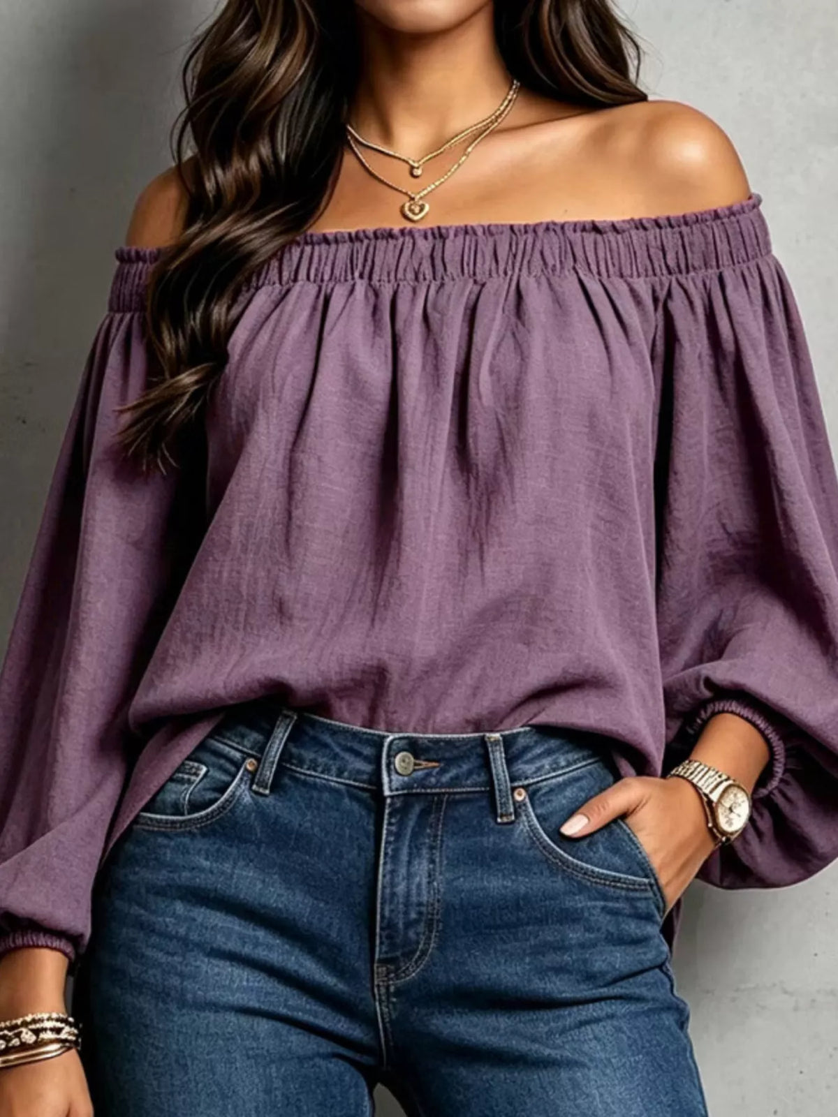 Purple off-shoulder long sleeve blouse