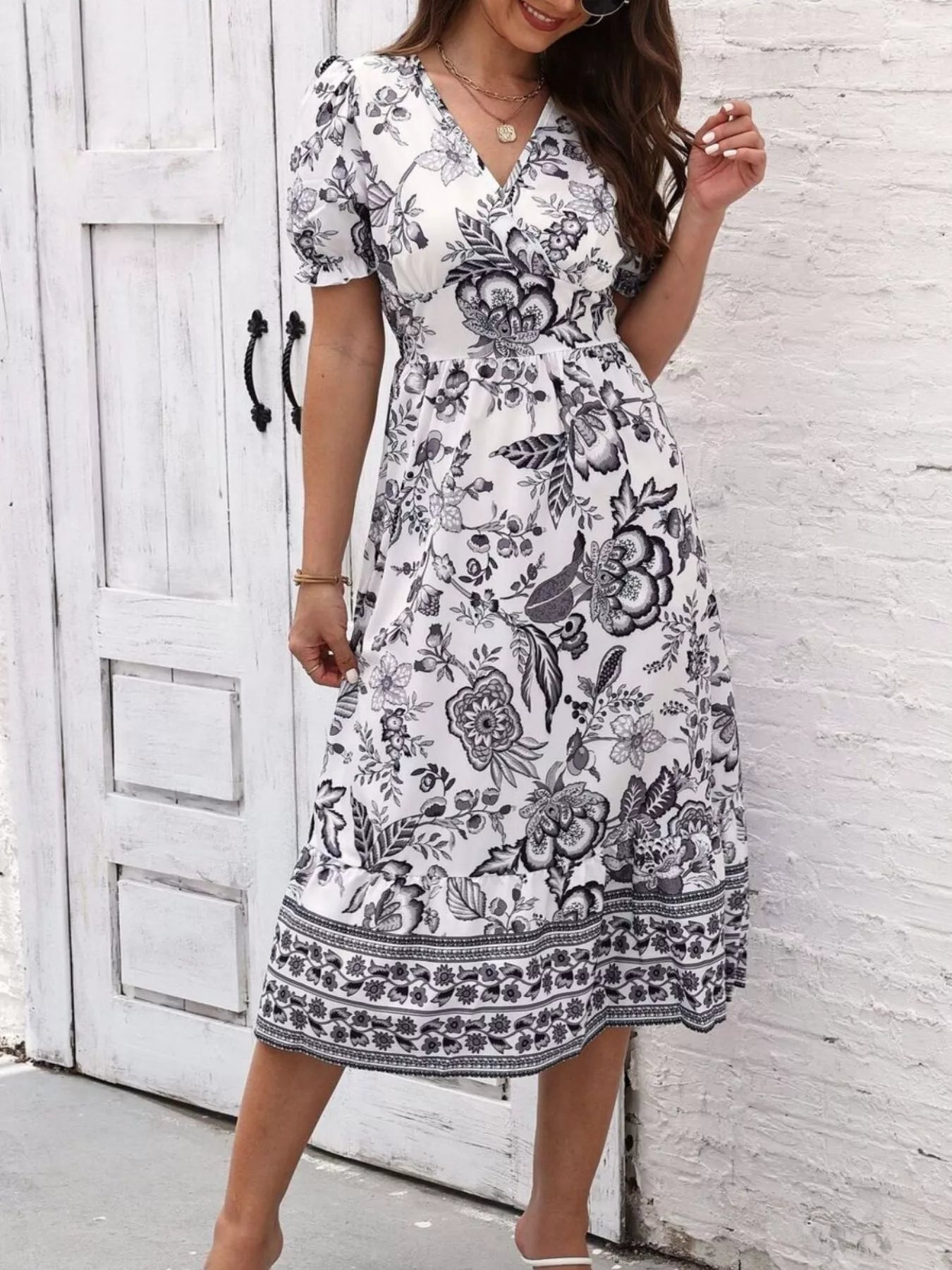 Trendsi Floral Print Puff Sleeve Wrap Midi Dress -