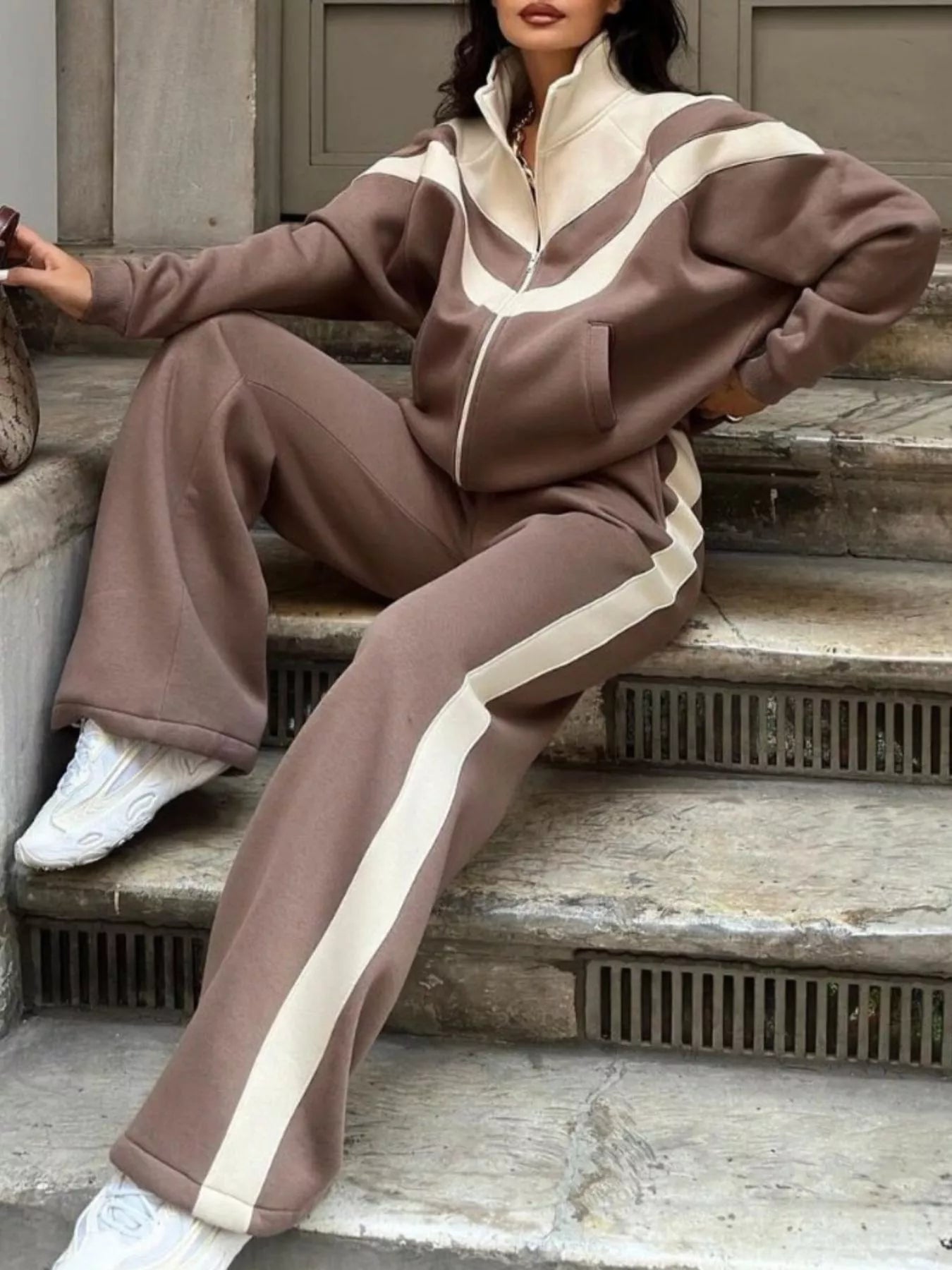 Trendsi Color Block Zip-Up Outerwear and Pants Set -