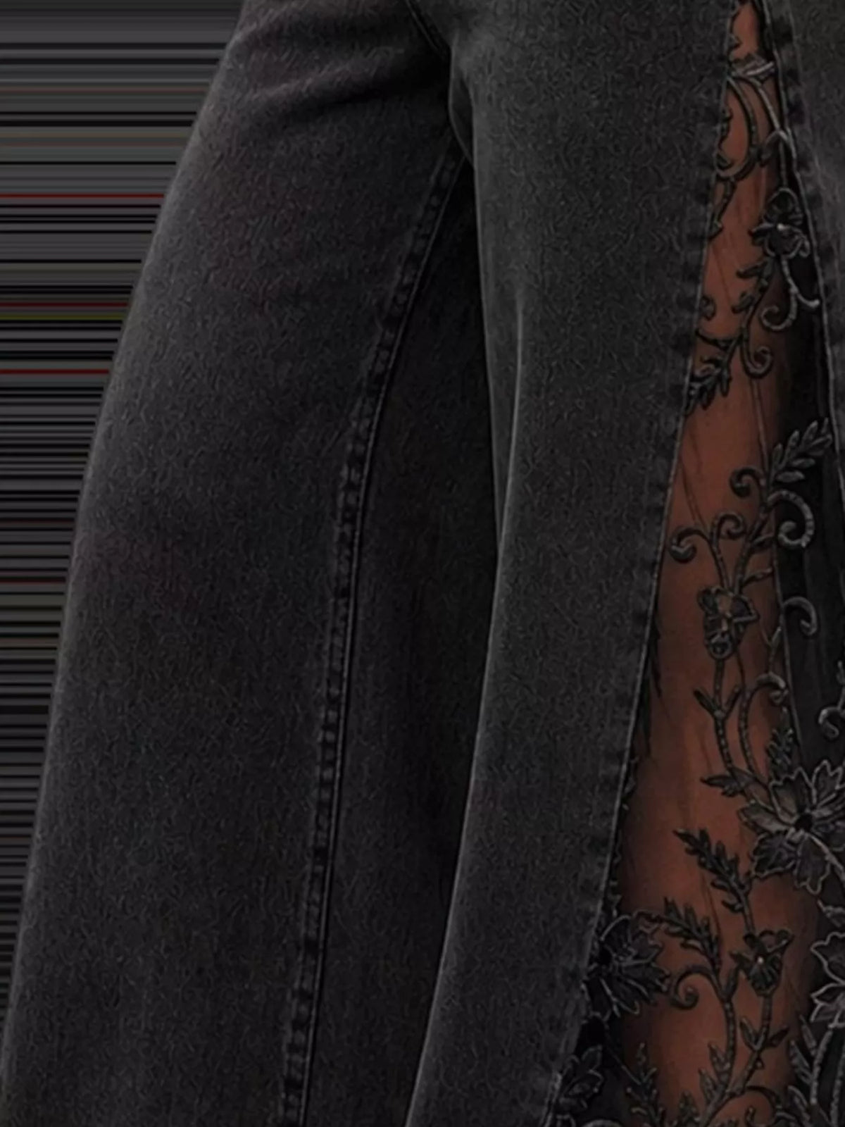 High-Waisted Wide-Leg Jeans with Sheer Floral Lace Side Panels — construction details