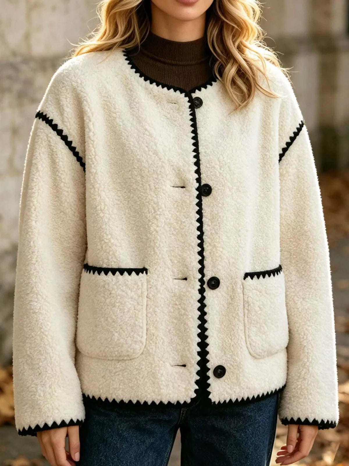 Cream with black trim faux shearling contrast trim button-down jacket, button front, patch pockets, and contrast trim