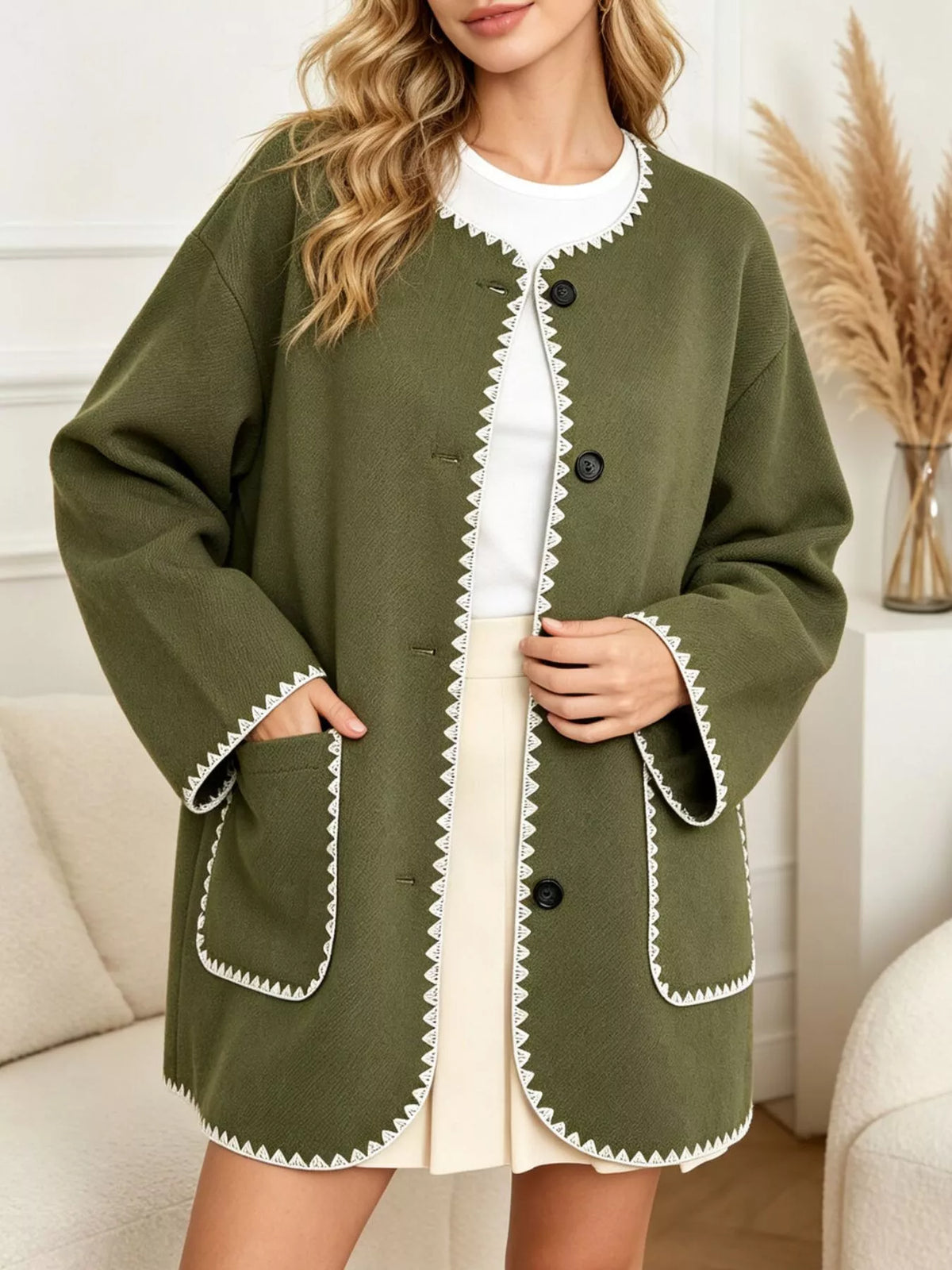 Olive green contrast trim button-front jacket