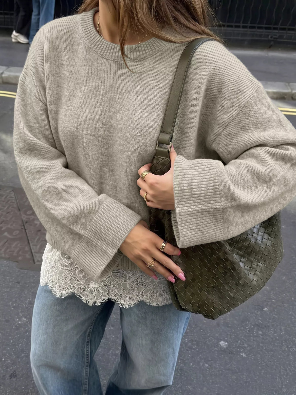 Beige layered lace hem sweater, lace hem and sleeve view