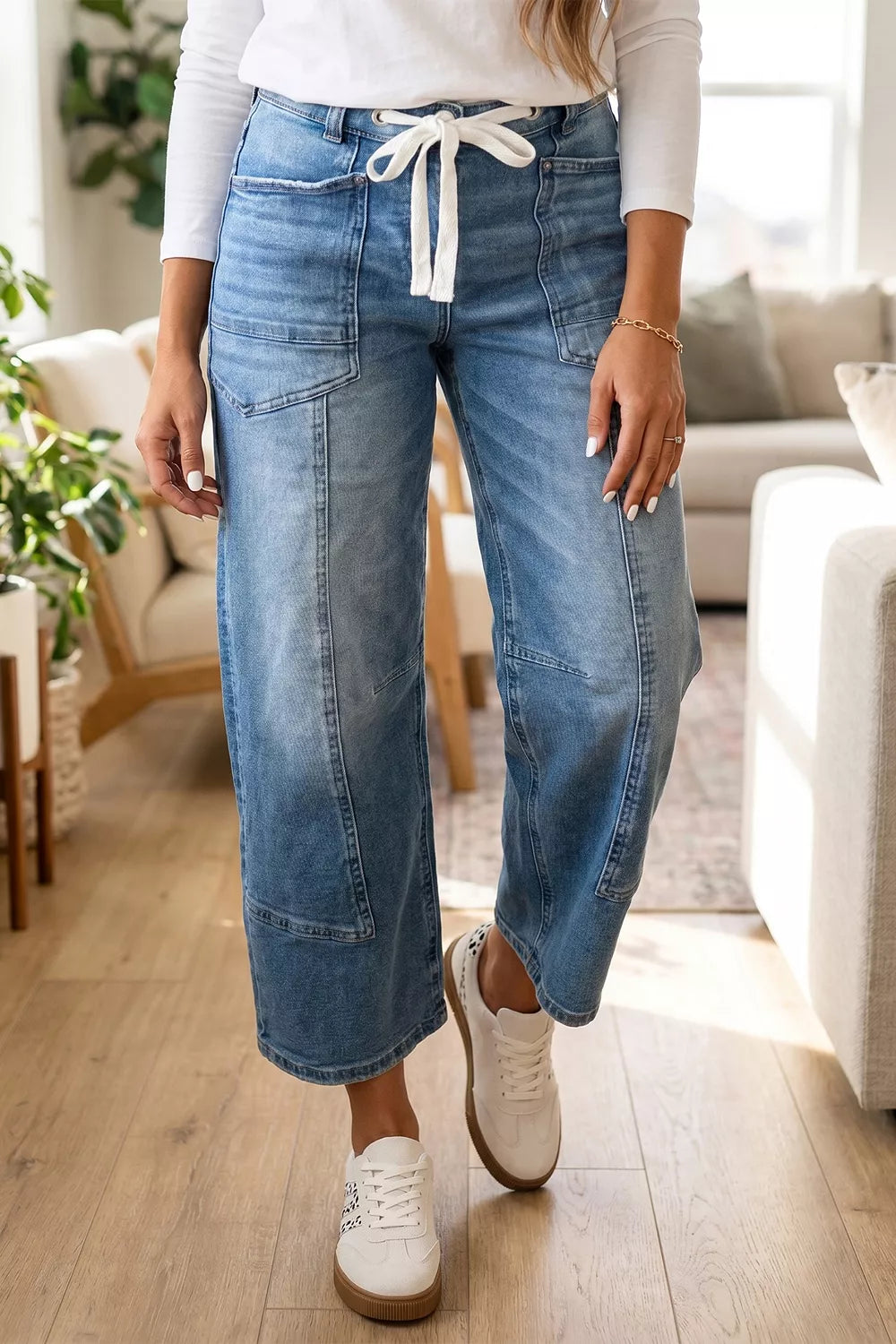 Patchwork grommet tie-waist ankle-length jeans