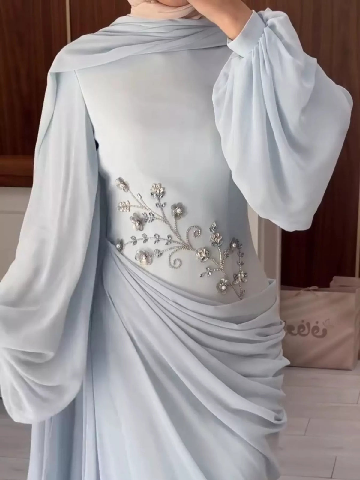 Light blue floral detail long sleeve maxi dress, front view