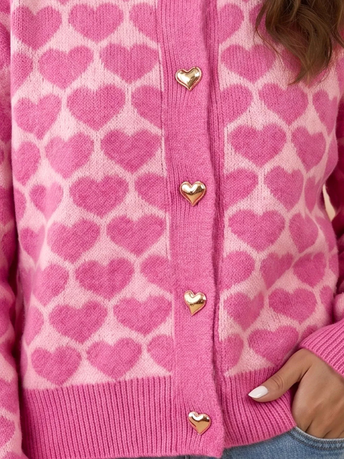 Heart-pattern cardigan, heart buttons and ribbed hem detail