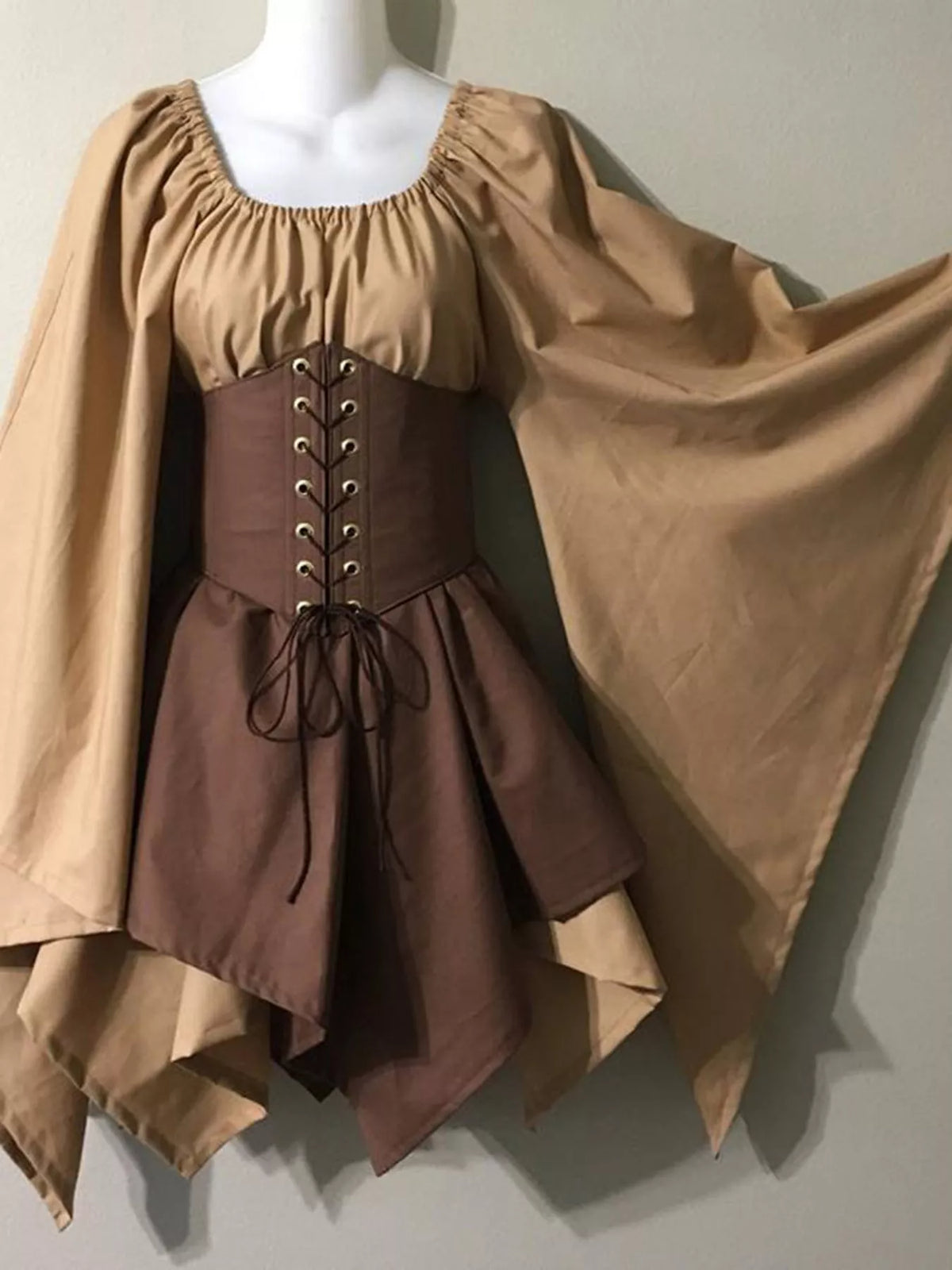 Lace-up asymmetric dress, tan brown front