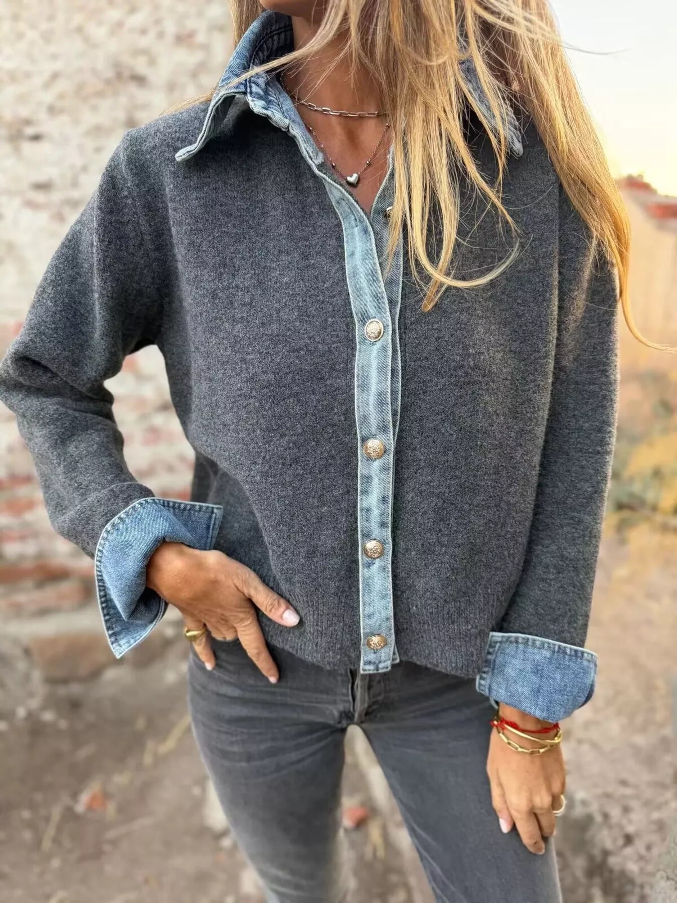 Trendsi Contrast Denim Trimmed Sweater Cardigan -
