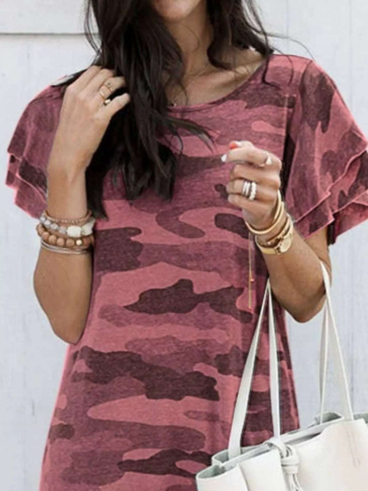 Camouflage Print Ruffle Sleeve T-Shirt Dress, detail view in pink
