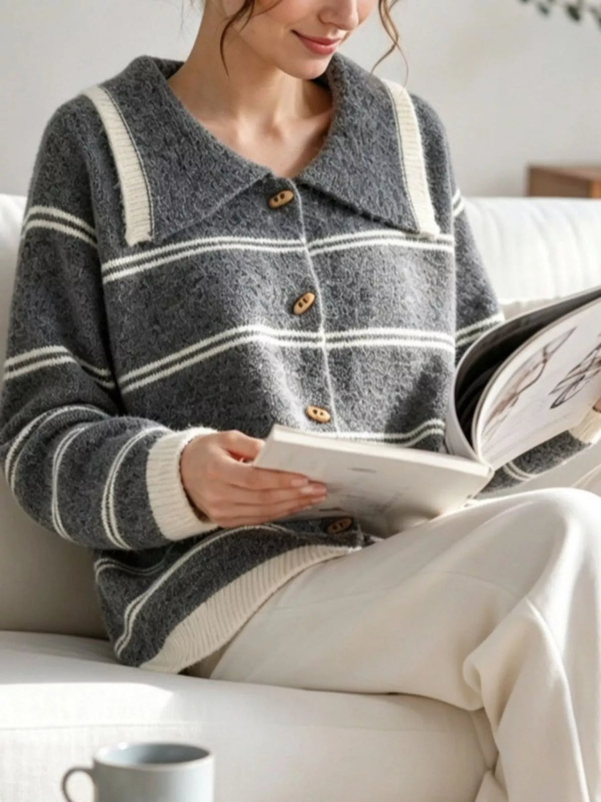 Dark Gray Striped Button-Down Knit Cardigan front view