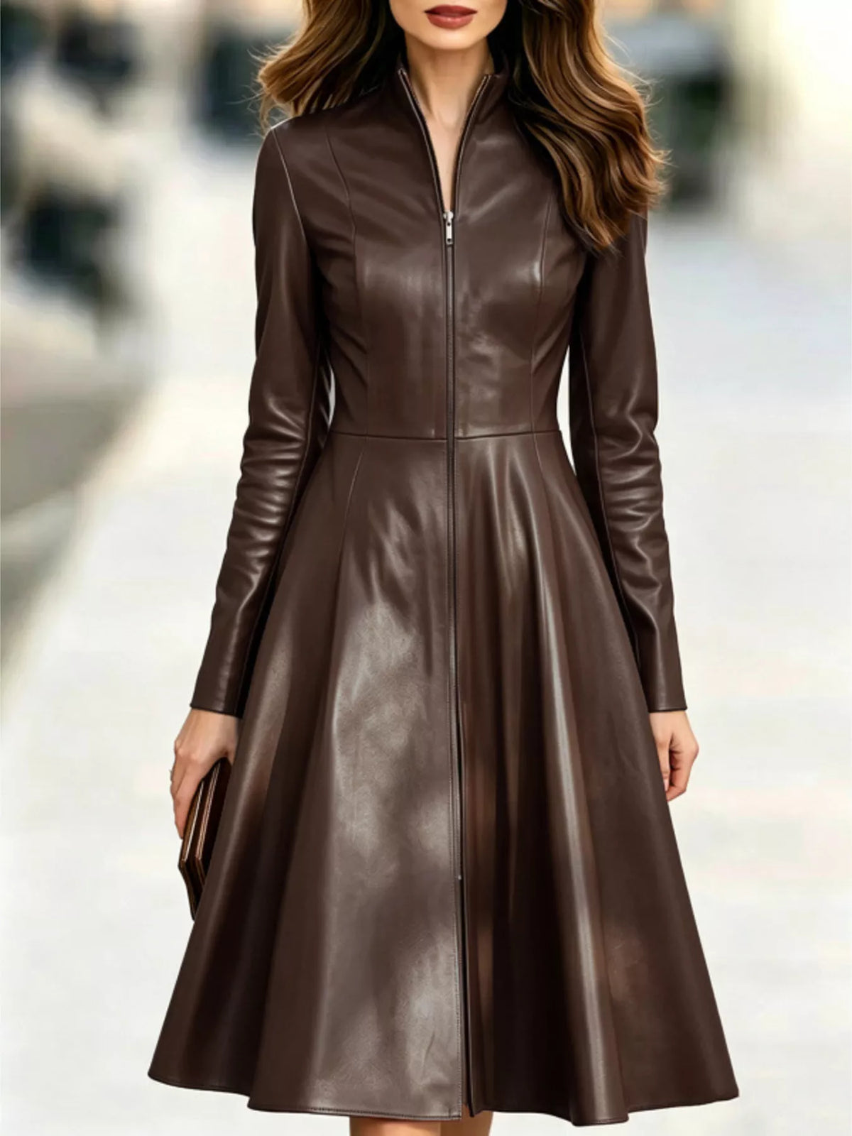 Burgundy faux leather zip-front a-line midi dress