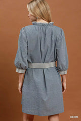 Trendsi Umgee Textured Contrast Trim Tie Waist Mini Dress -