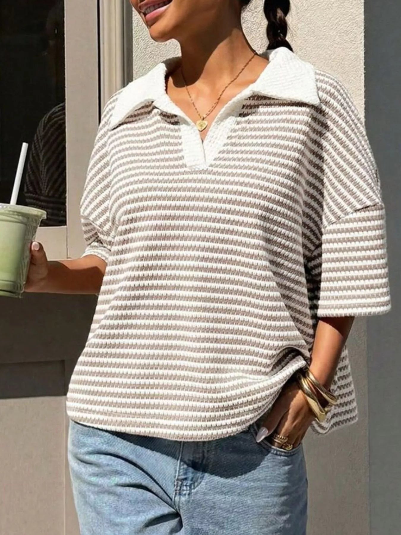 Trendsi Striped Knit 3/4 Sleeve Polo Top -