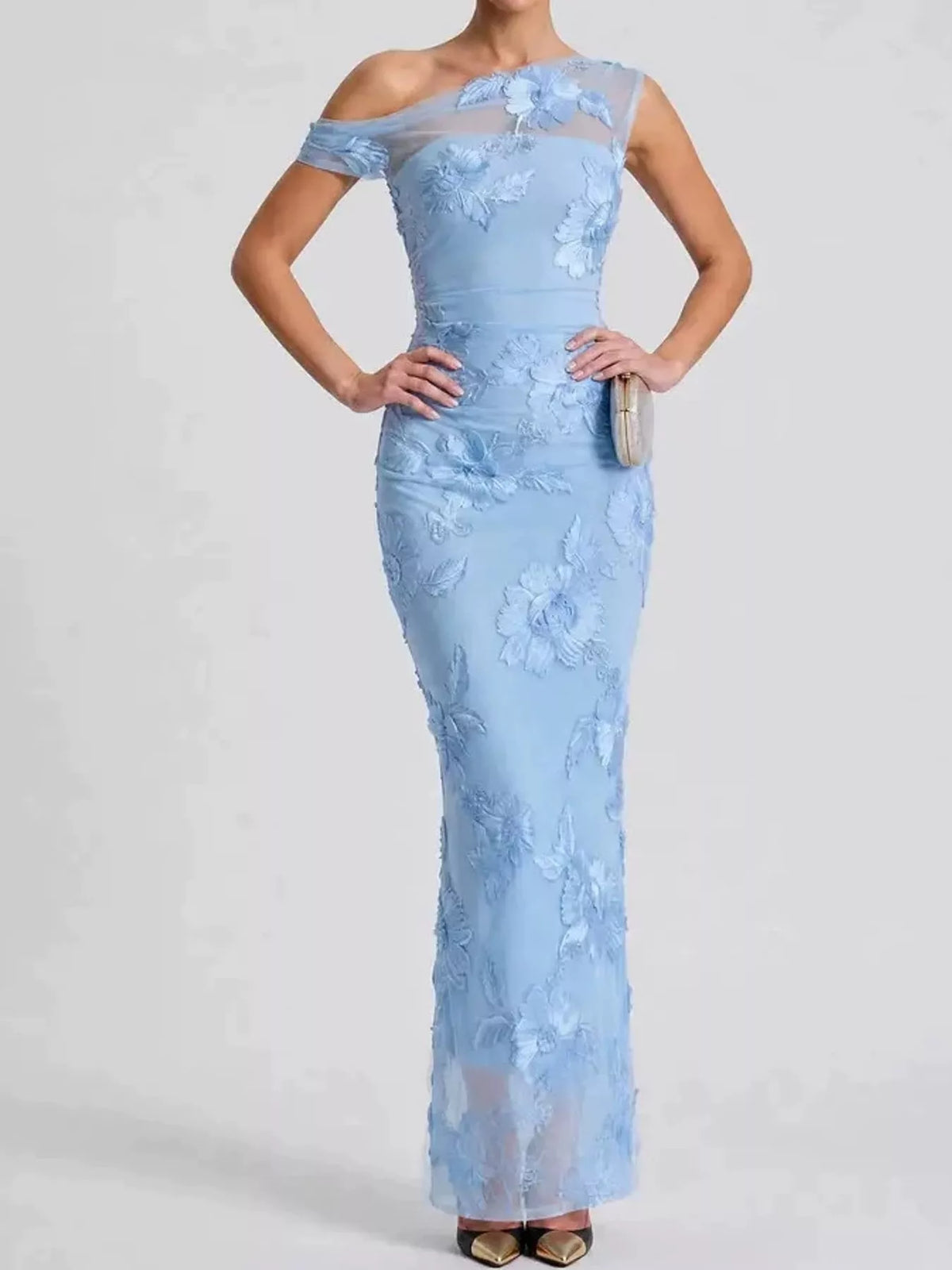 Blue floral one-shoulder maxi dress, front view