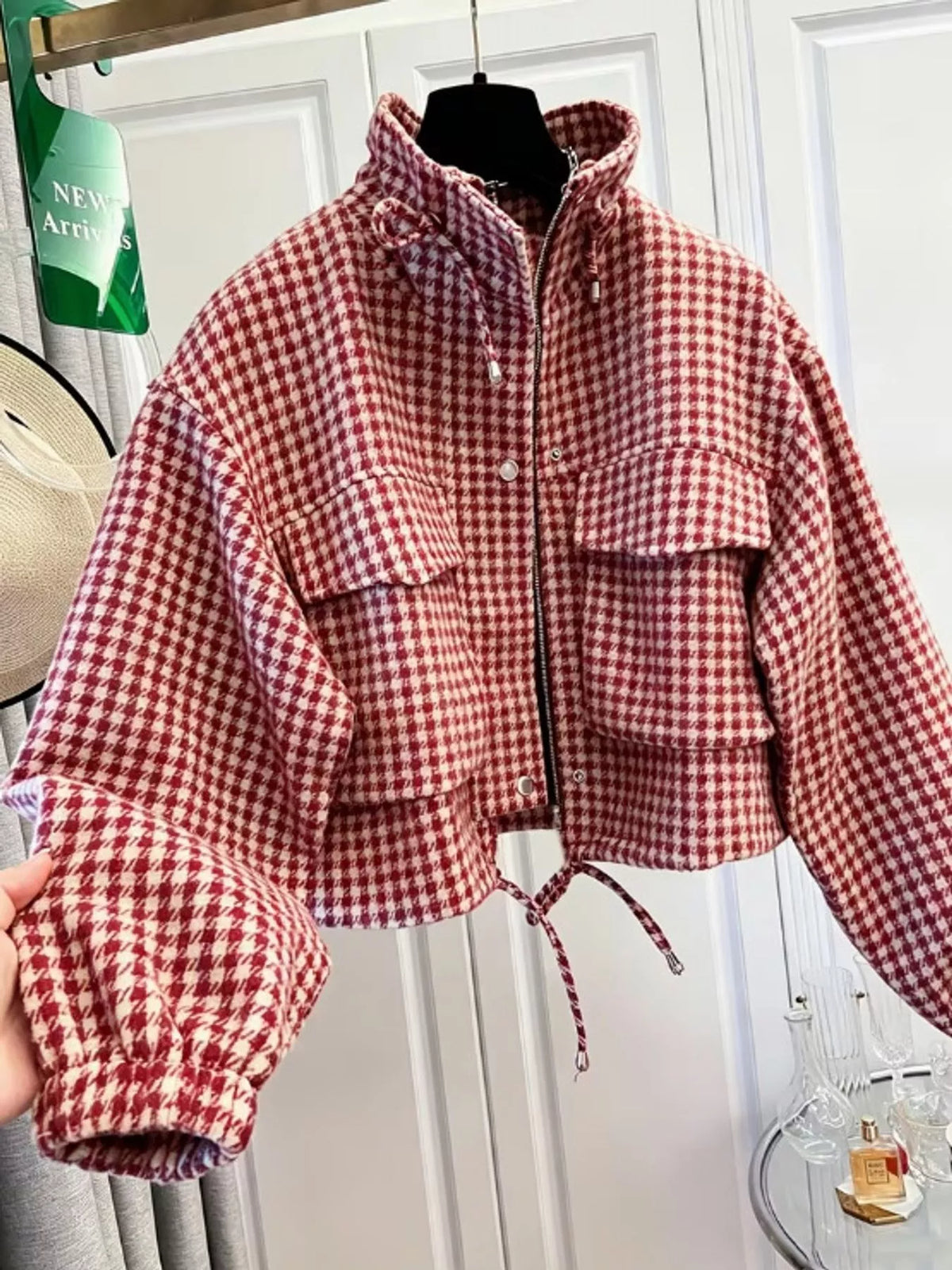 Burgundy plaid cropped zip-up jacket