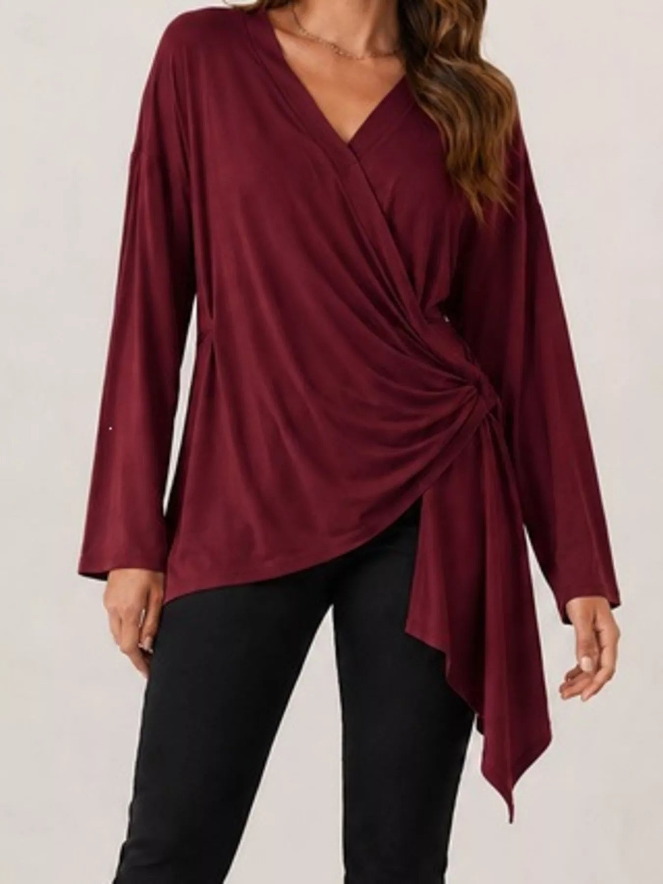Trendsi Long Sleeve Wrap T-Shirt with Side Knot Detail -