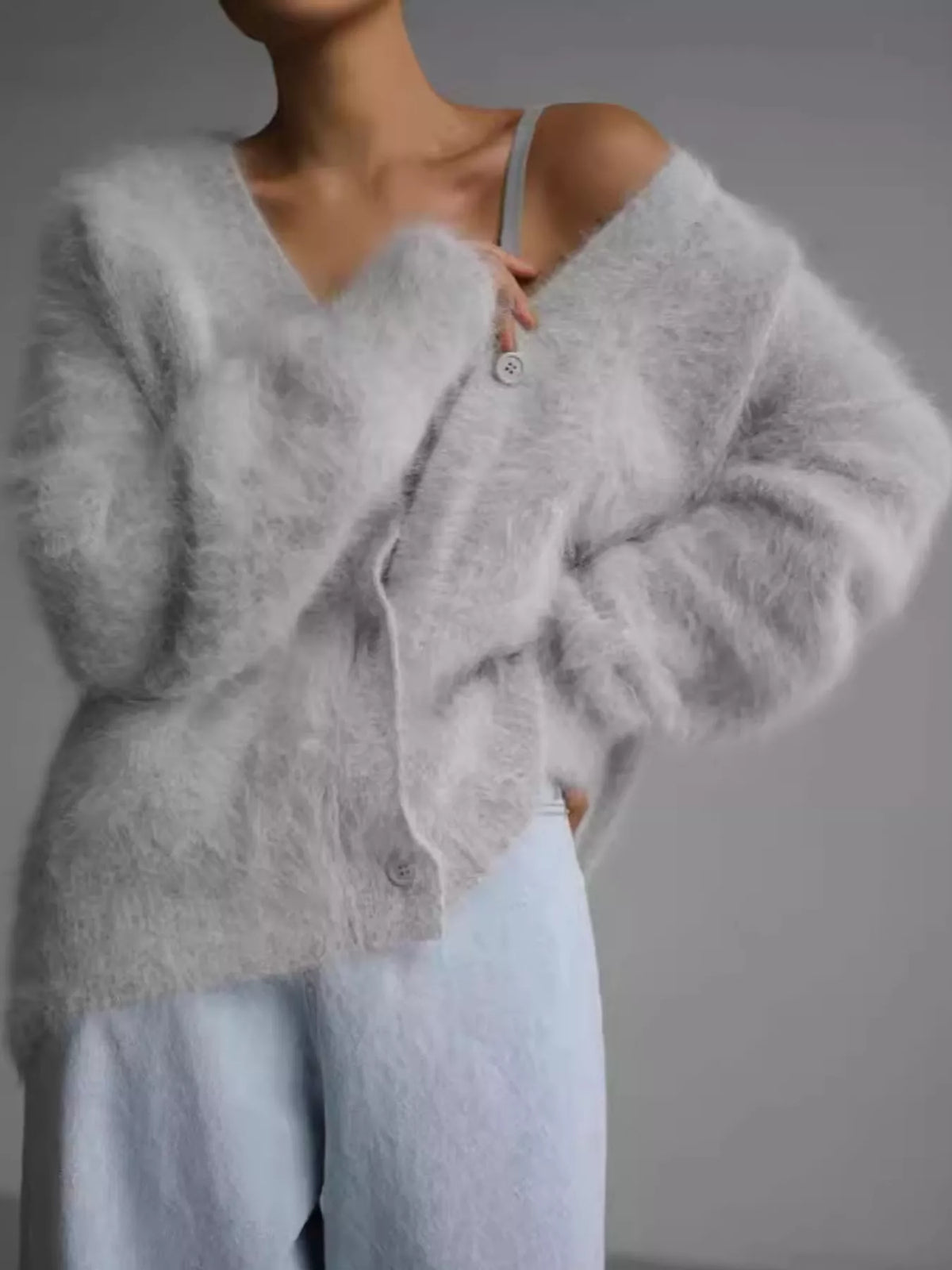 Light gray fuzzy v-neck button-down cardigan