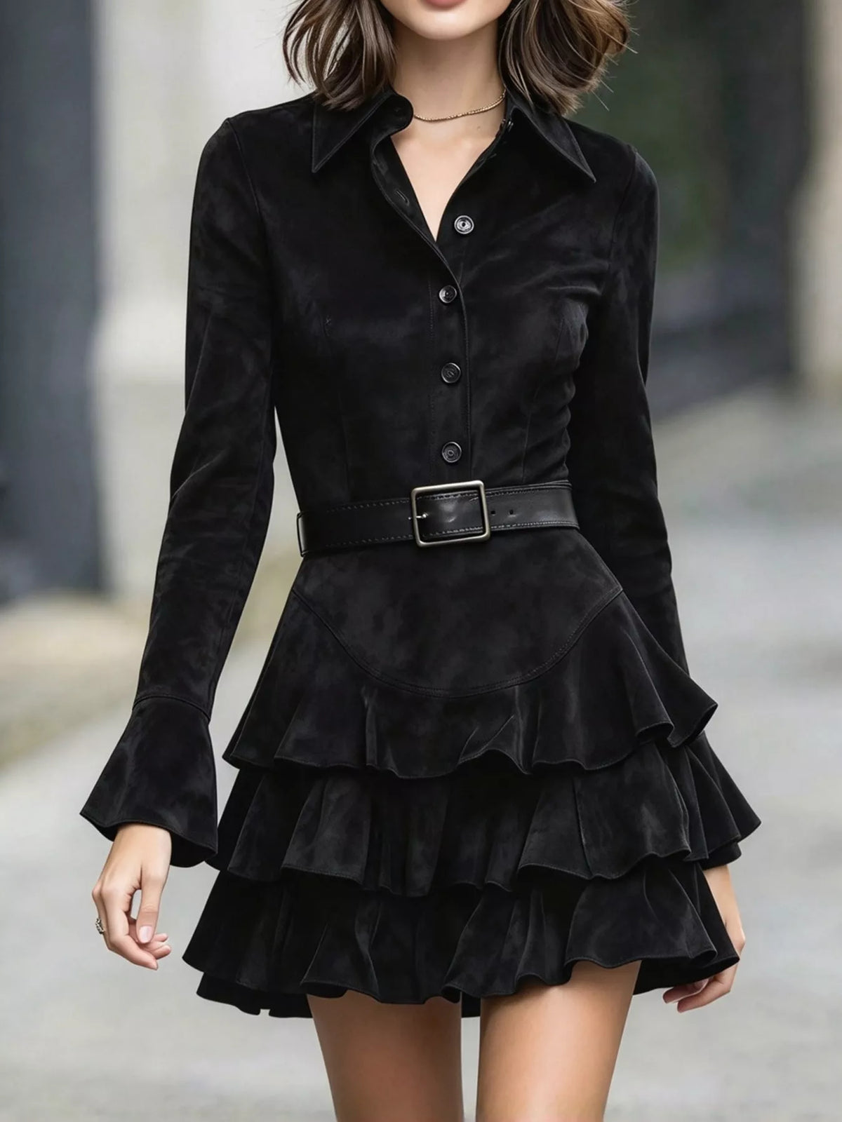 Ruffle Layered Button Front Mini Dress in black