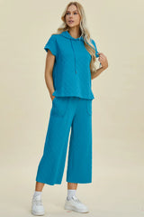 Trendsi Double Take Full Size Texture Drawstring Short Sleeve Hoodie and Pocketed Pants Set -