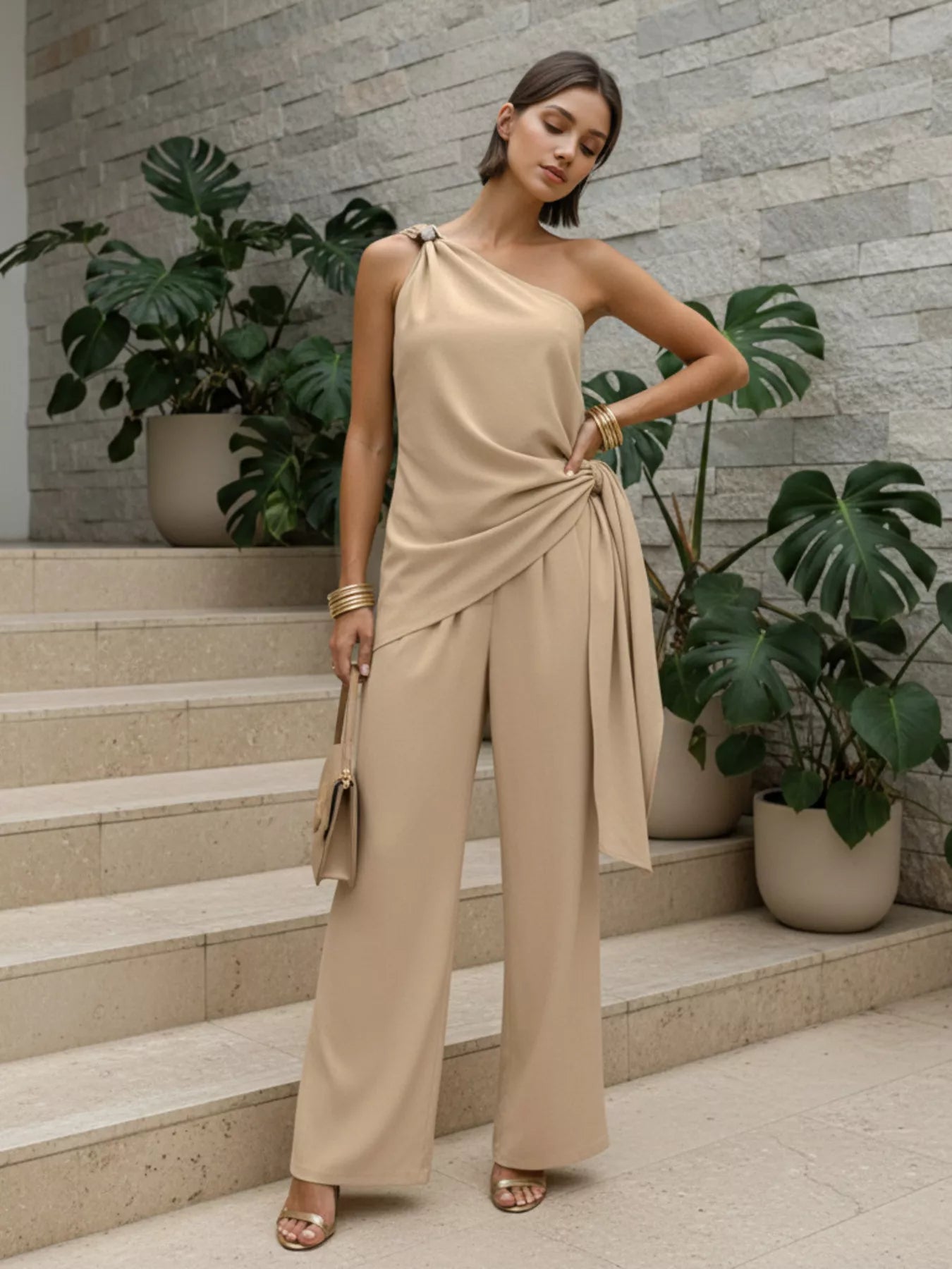 Trendsi One-Shoulder Tie-Waist Top and Wide-Leg Pants Set -