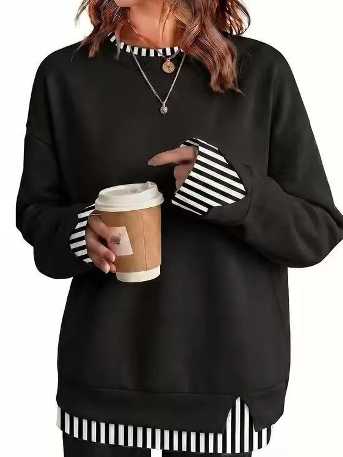 Layered Look Crew Neck Sweatshirt in black with striped trim, front view