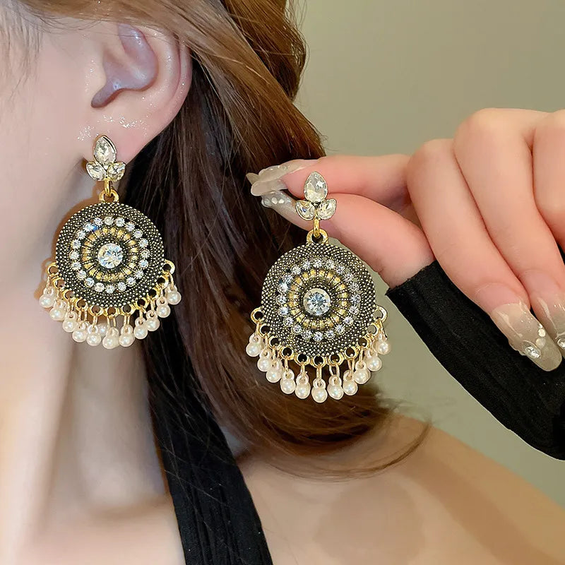 Trendsi Rhinestone Alloy Bead Dangle Earrings -
