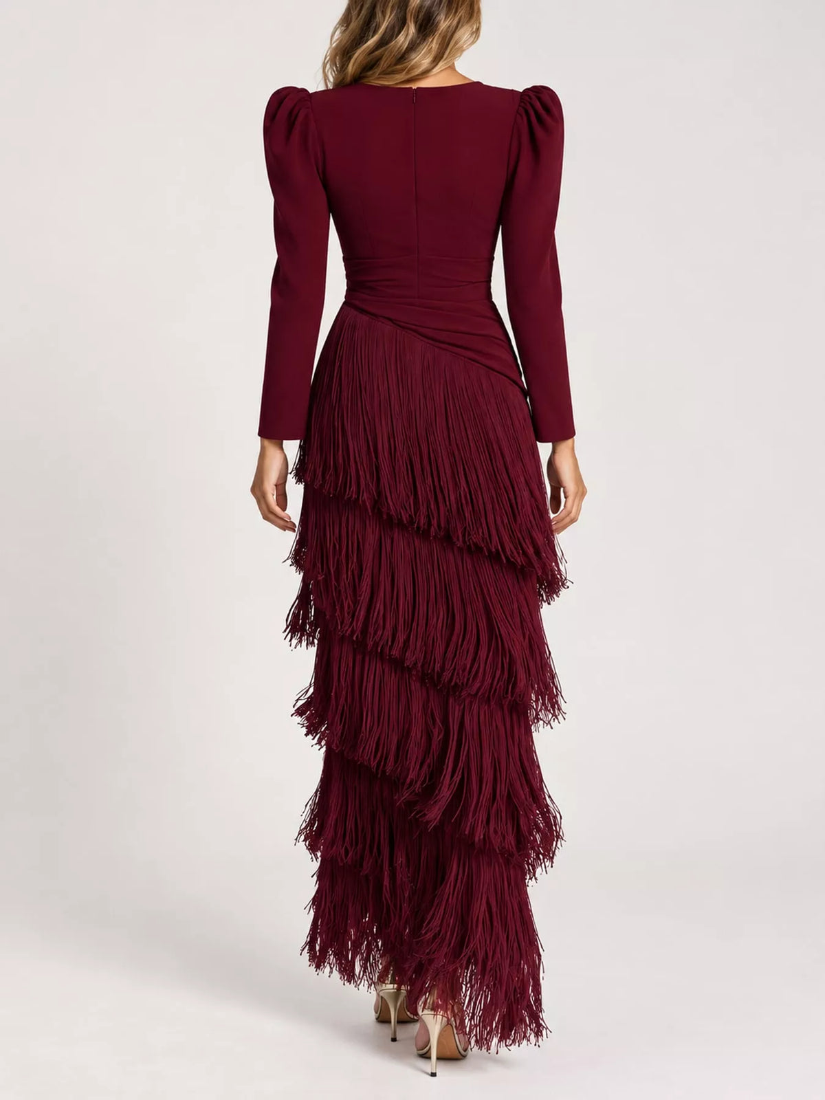 Women's Fringed V-Neck Puff Sleeve Midi Dress in burgundy — back view