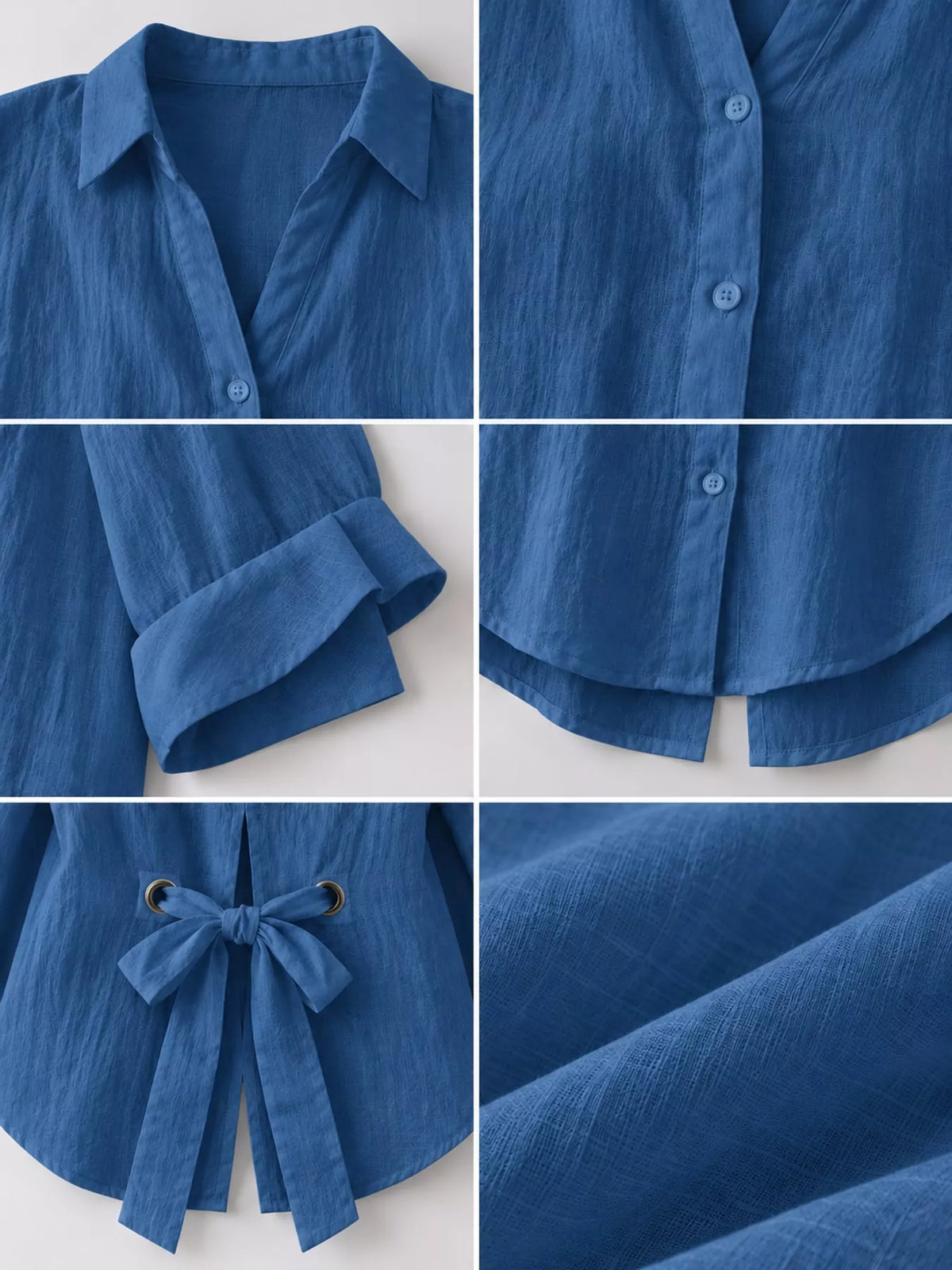 Blue loose fit tie back shirt, detail view