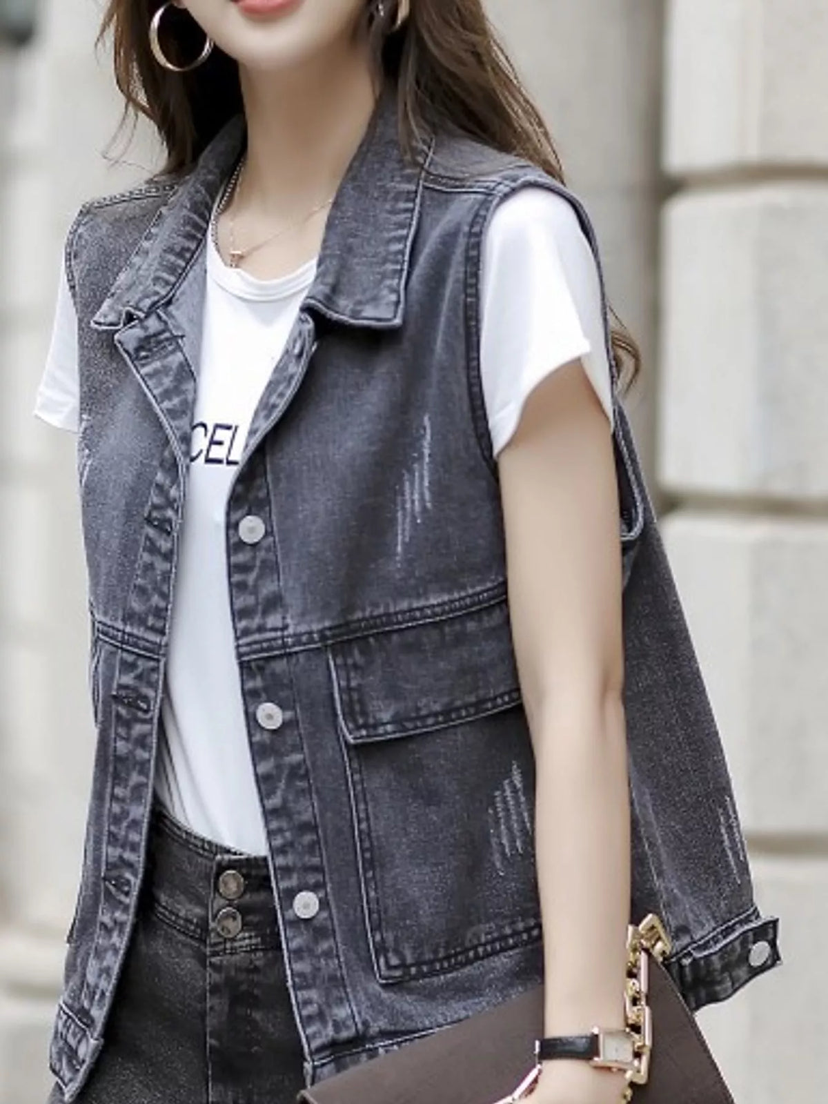 Distressed Washed Denim Vest in gray