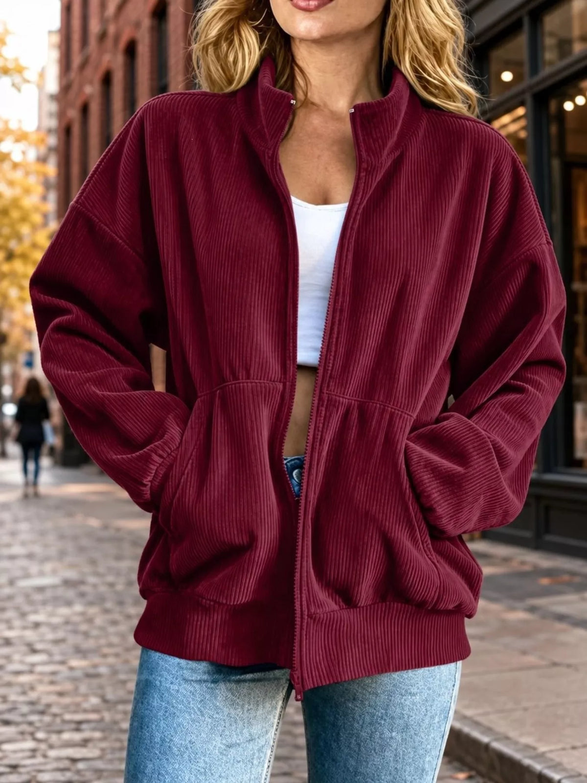 Women's Zip Up Dropped Shoulder Corduroy Jacket in burgundy — front view