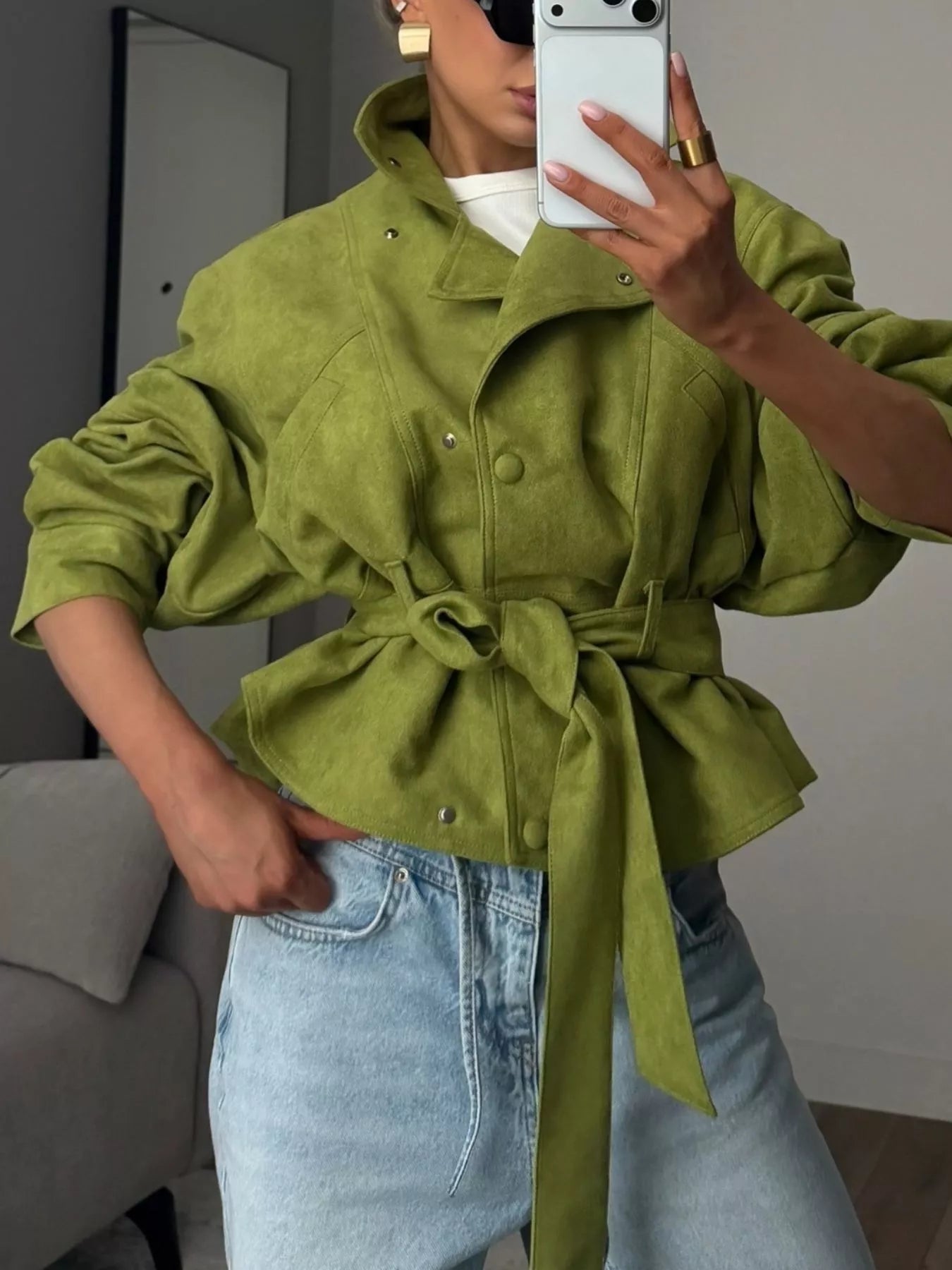 Trendsi Tie Waist Long Sleeve Cropped Jacket -