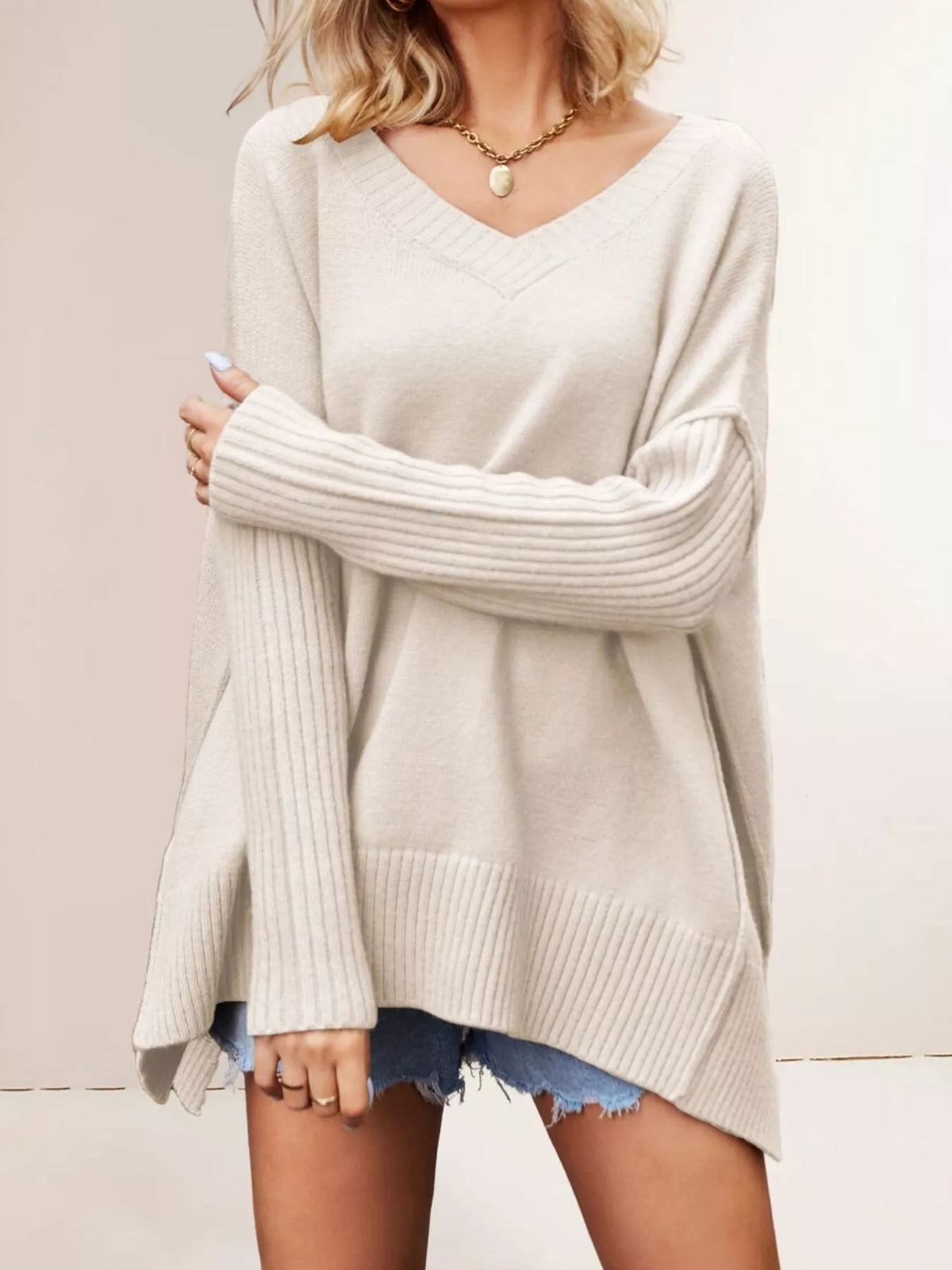 Trendsi V-Neck Ribbed Sleeve Sweater -