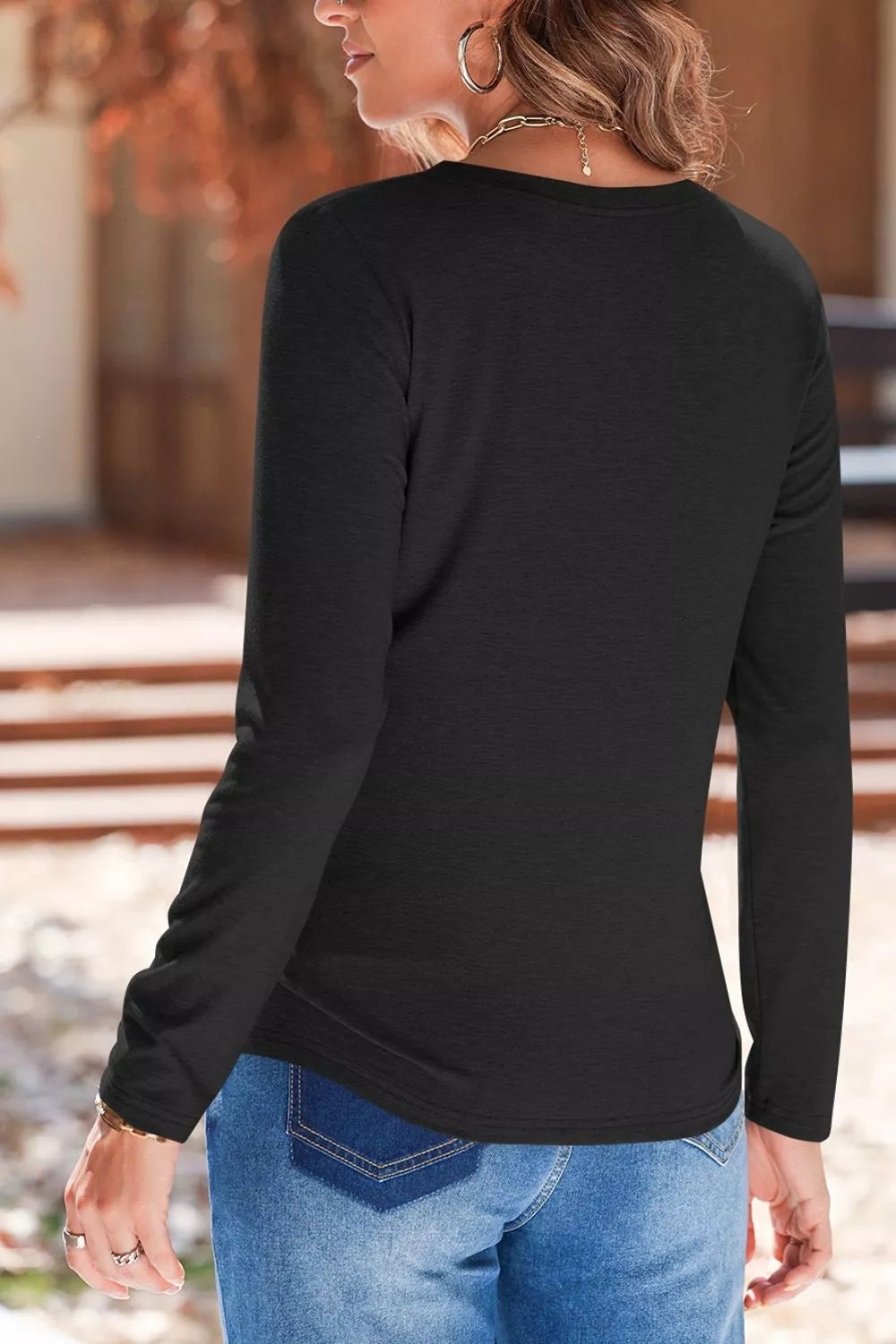 Trendsi Solid Color V Neck Long Sleeve Stretchy Top -
