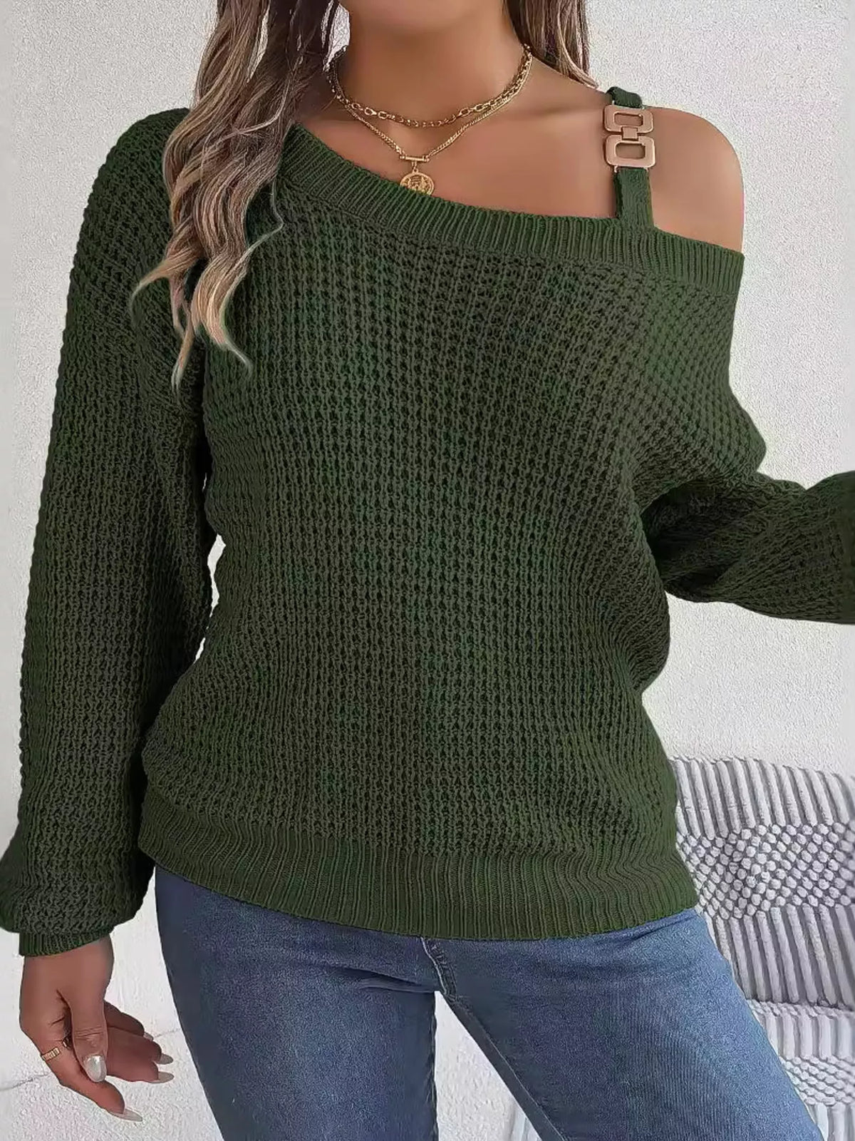 Asymmetrical Neck Long Sleeve Sweater in green, front view