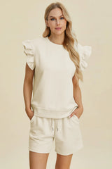 Trendsi Double Take Full Size Texture Round Neck Ruffle Sleeve Top and Shorts Set -