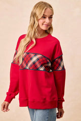 Trendsi BiBi Christmas Theme Plaid Block Sweatshirt with Binding -