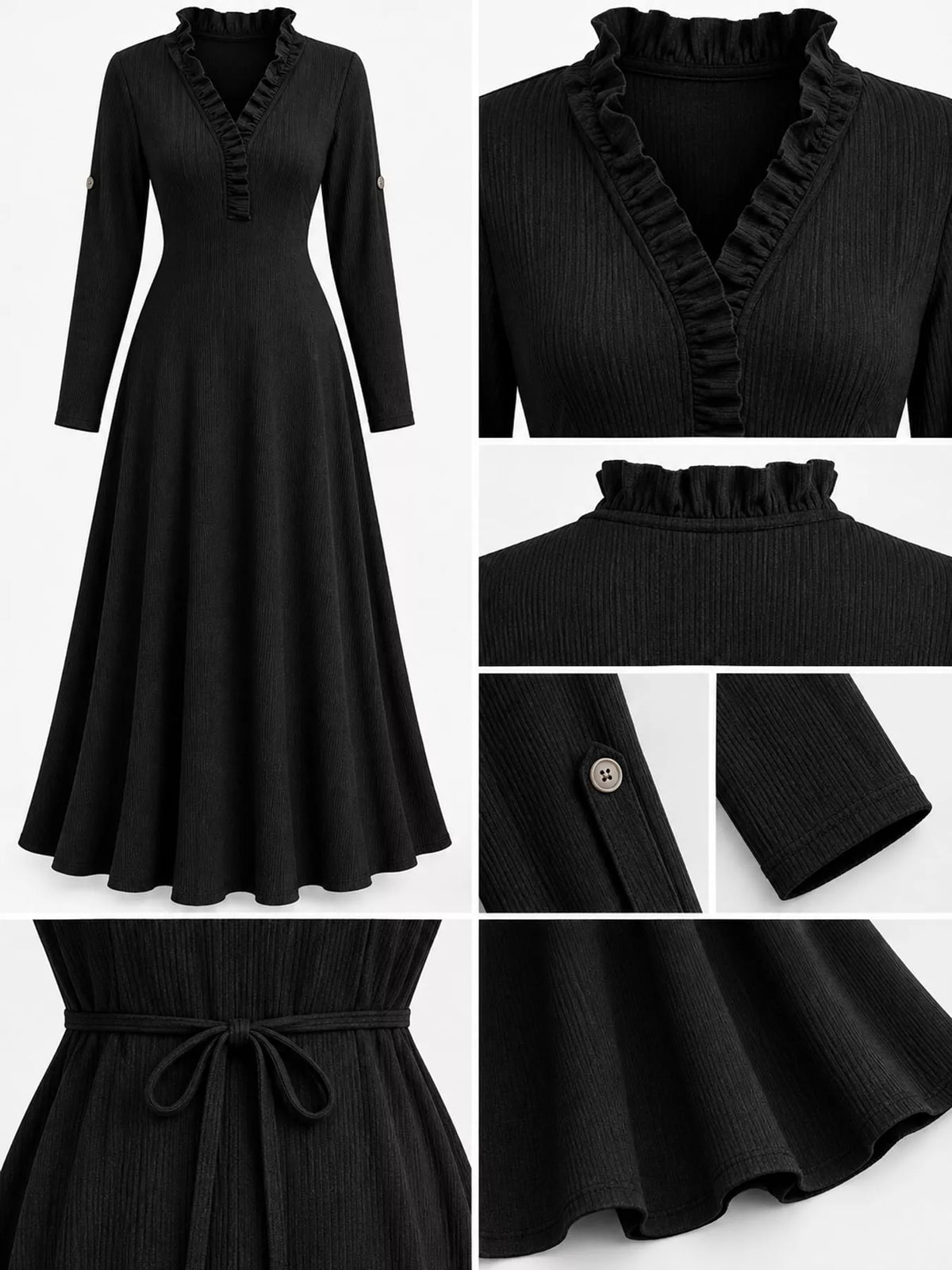 Frill-trim maxi dress, black detail collage
