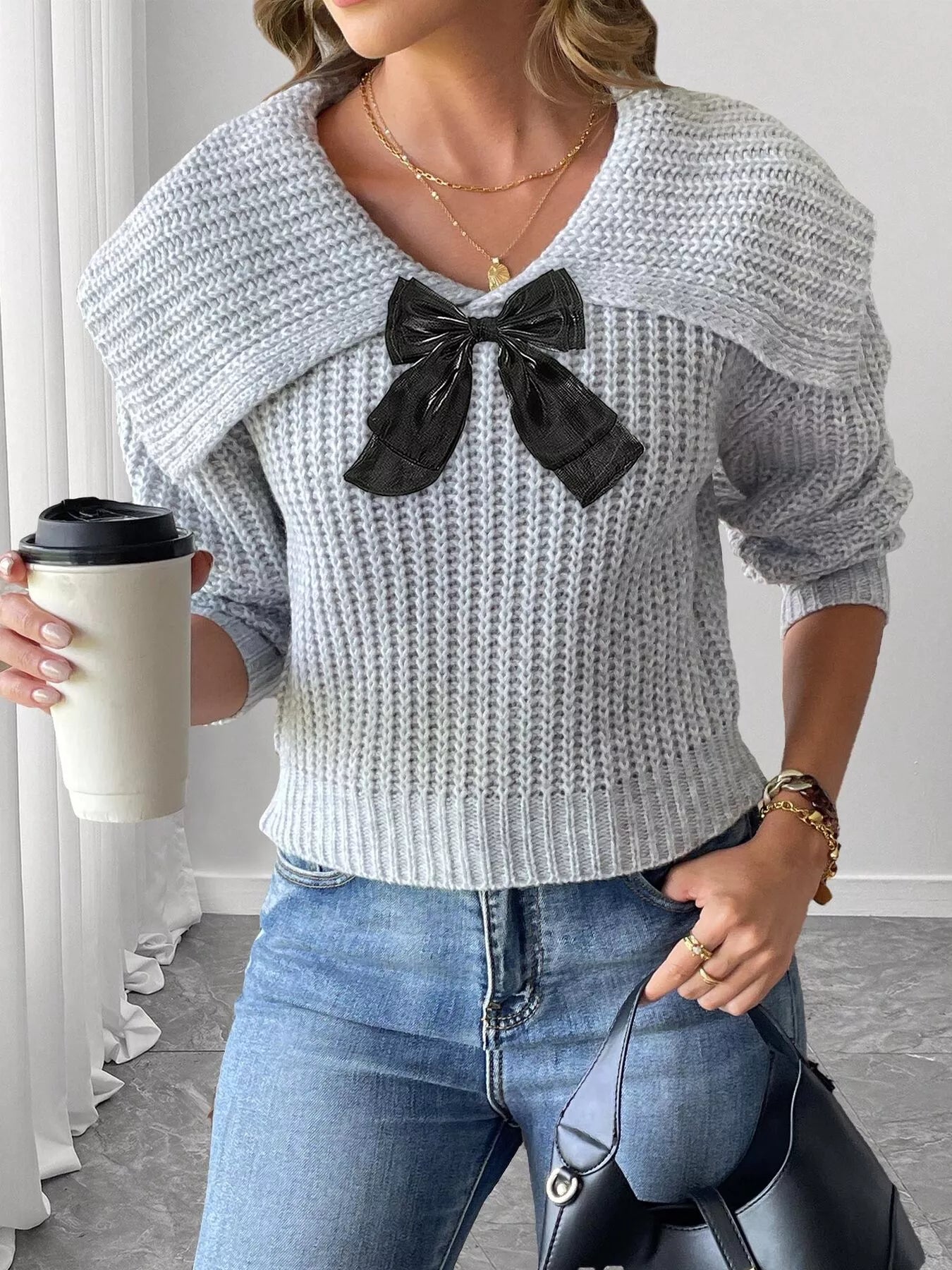 Trendsi Contrast Bow Long Sleeve Sweater -