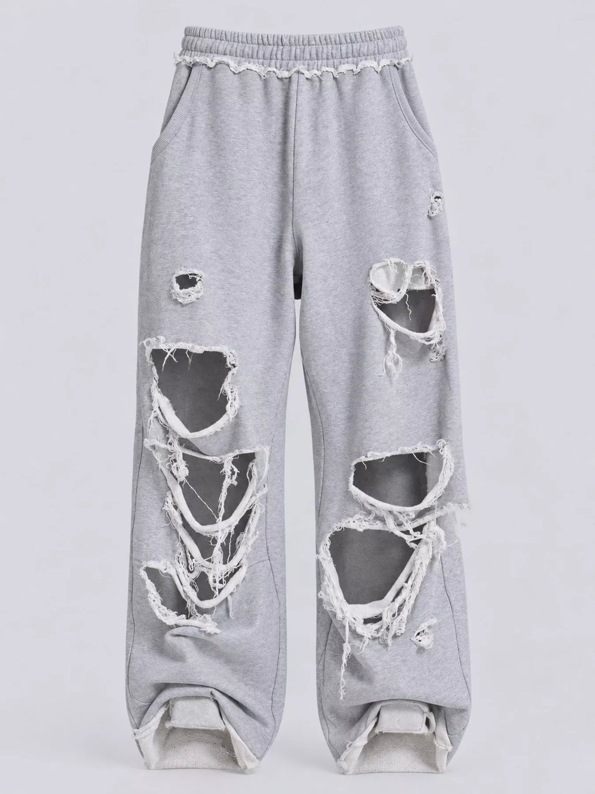 Gray distressed high-waisted wide-leg sweatpants