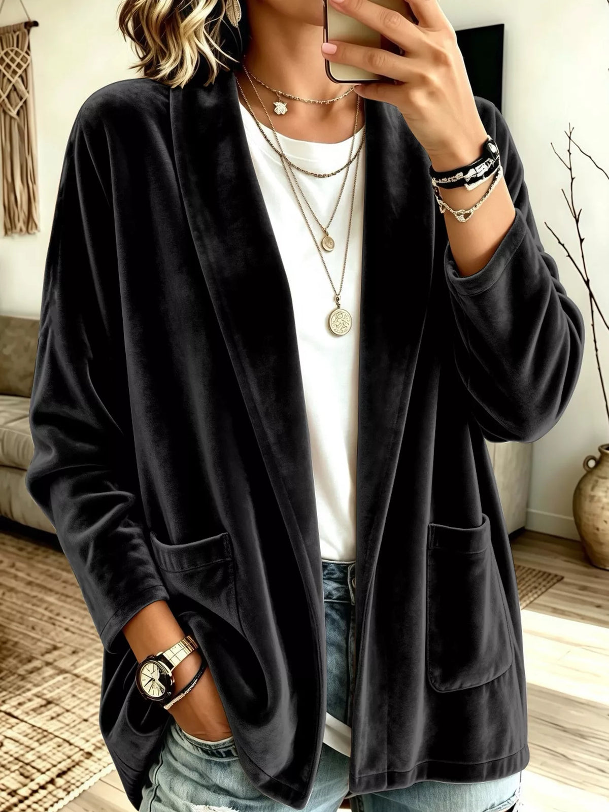 Women's Velvet Open-Front Cardigan in black — front view