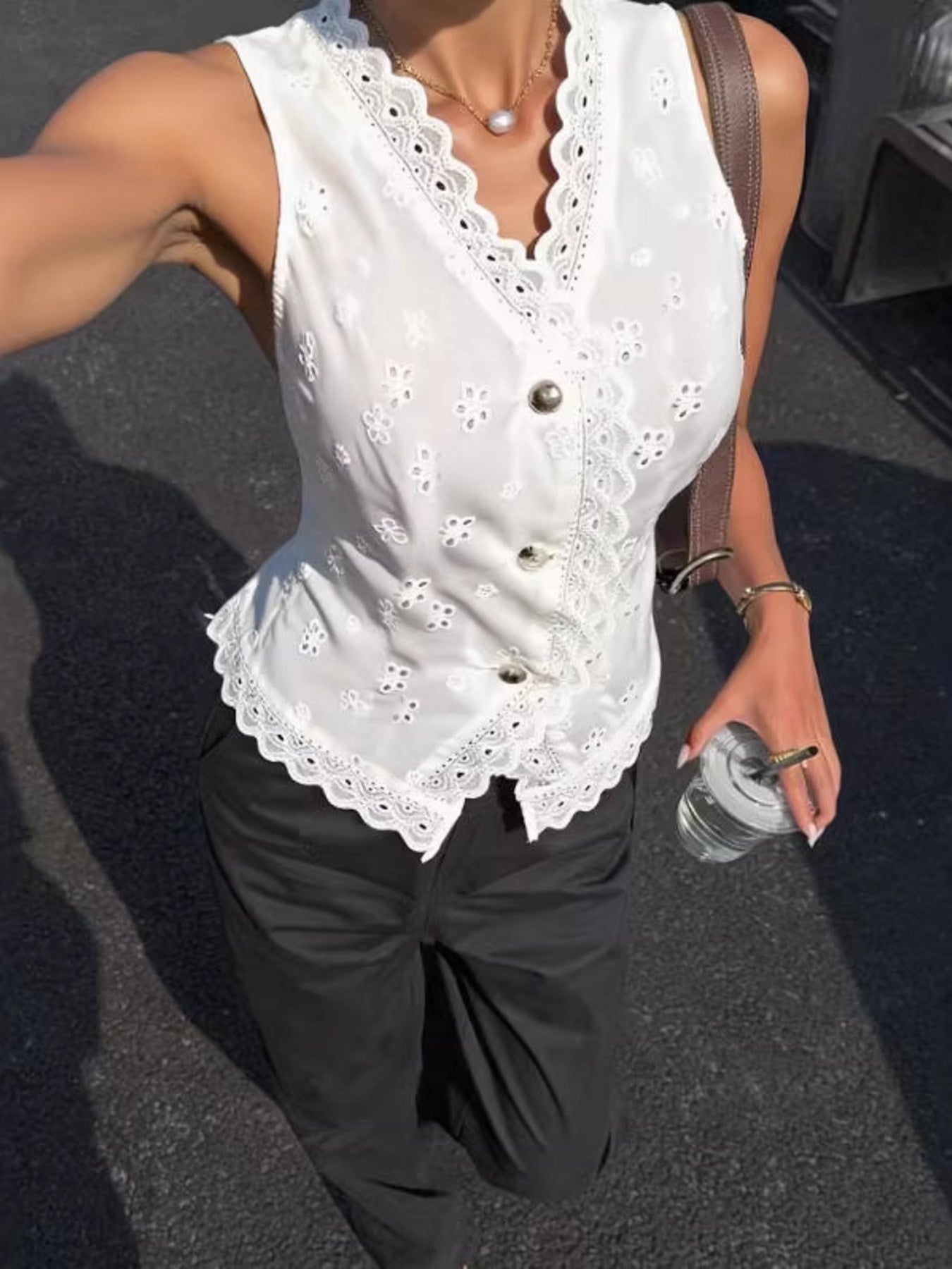 Trendsi Eyelet Embroidered Button-Front Tank -