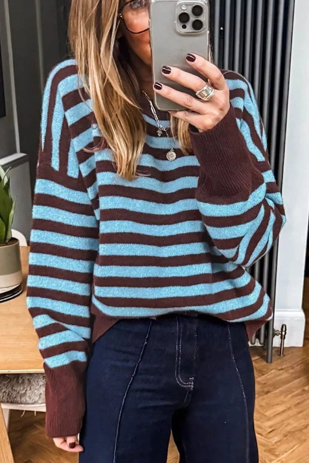 Trendsi Stripe Color Block Loose Crew Neck Cuffed Sweater -