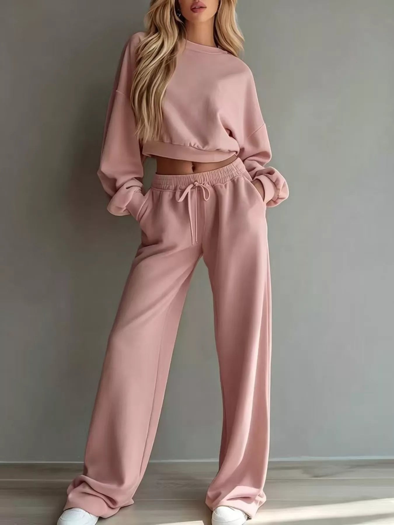 Trendsi Round Neck Cropped Sweatshirt and Wide-Leg Pants Set -