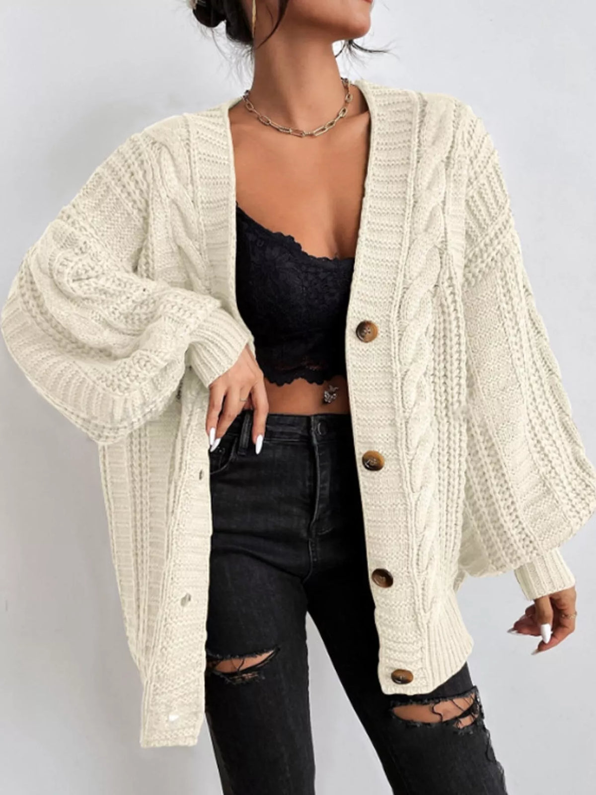 Cream cable knit button-down cardigan