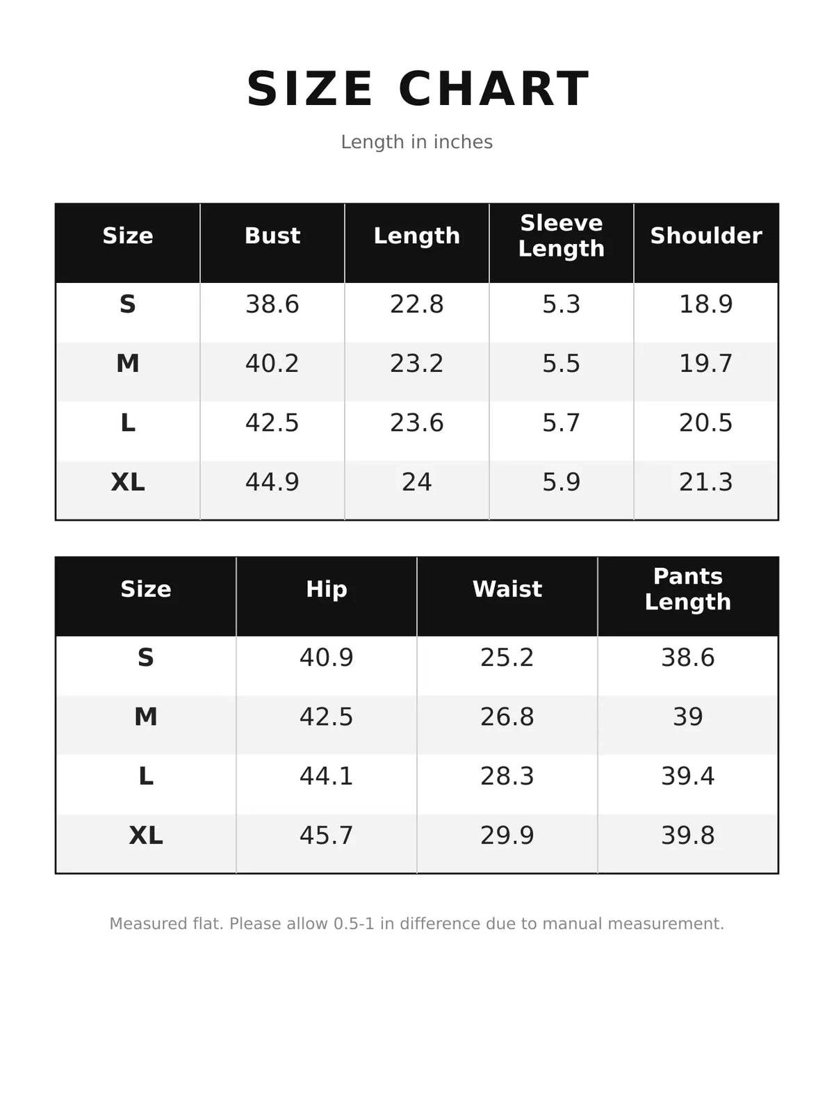Size chart for boat neck top and wide-leg pants set