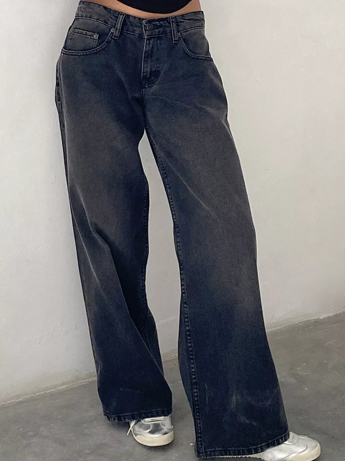 Wide-Leg Vintage Wash Jeans in gray, front view