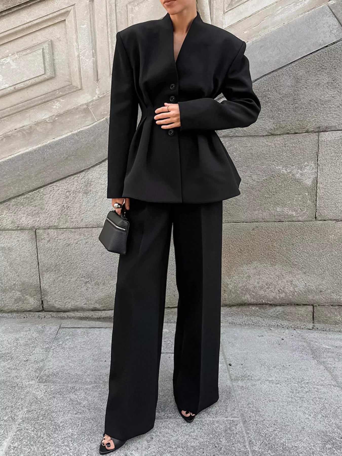 Trendsi Chic Button Down Pleated Blazer and Wide-Leg Pants Suit Set - Outerwear