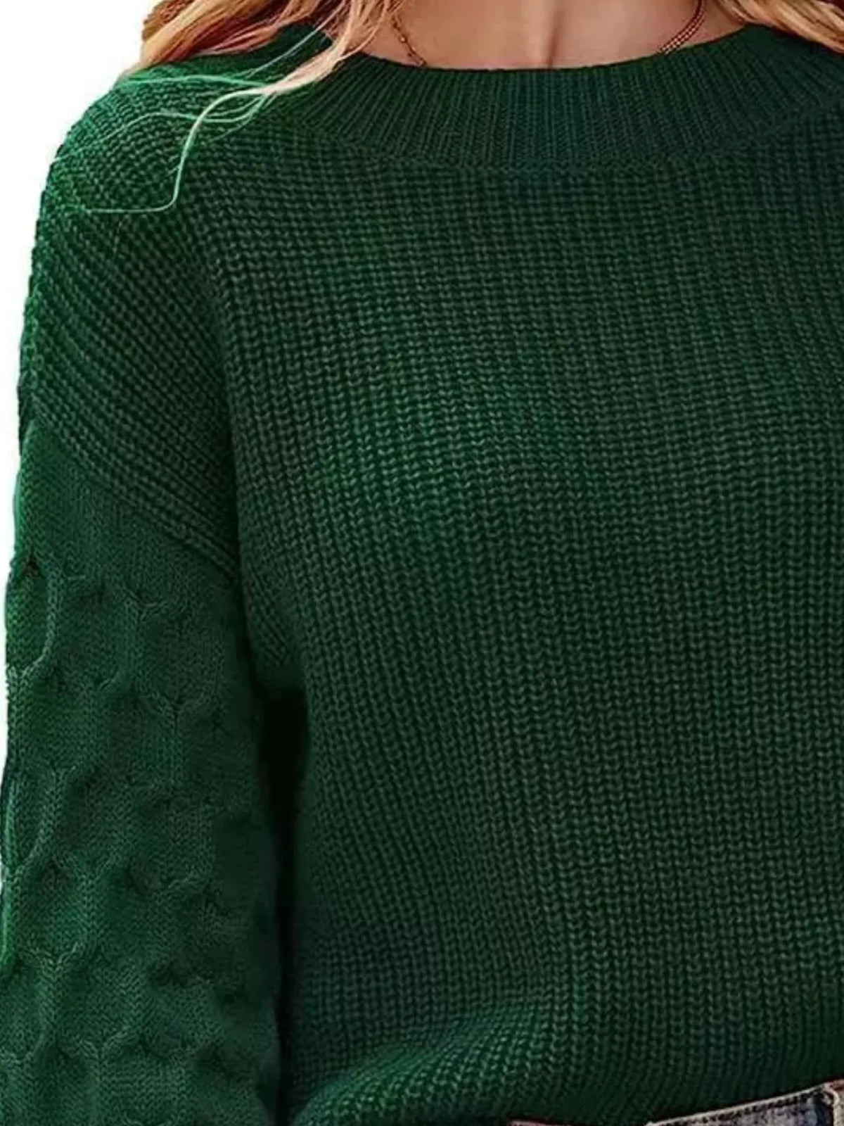 Textured Sleeve Round Neck Sweater in green, texture detail