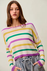 Trendsi SO ME Mardi Gras Color Stripe Lightweight Sweater Top -