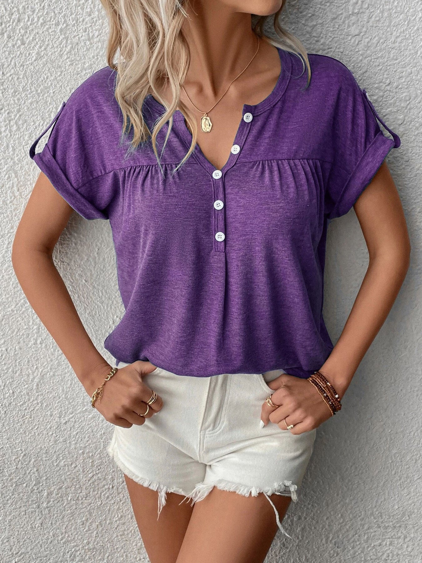 Trendsi Full Size Casual V-Neck Henley Top with Rolled Sleeves Plus Size - Shirts